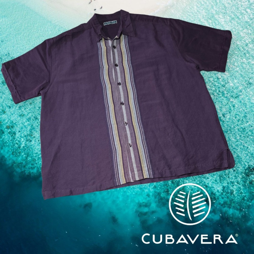 Cubavera‎ Mens Embroidered Stripe Panel SS Button Front Camp Shirt Purple L